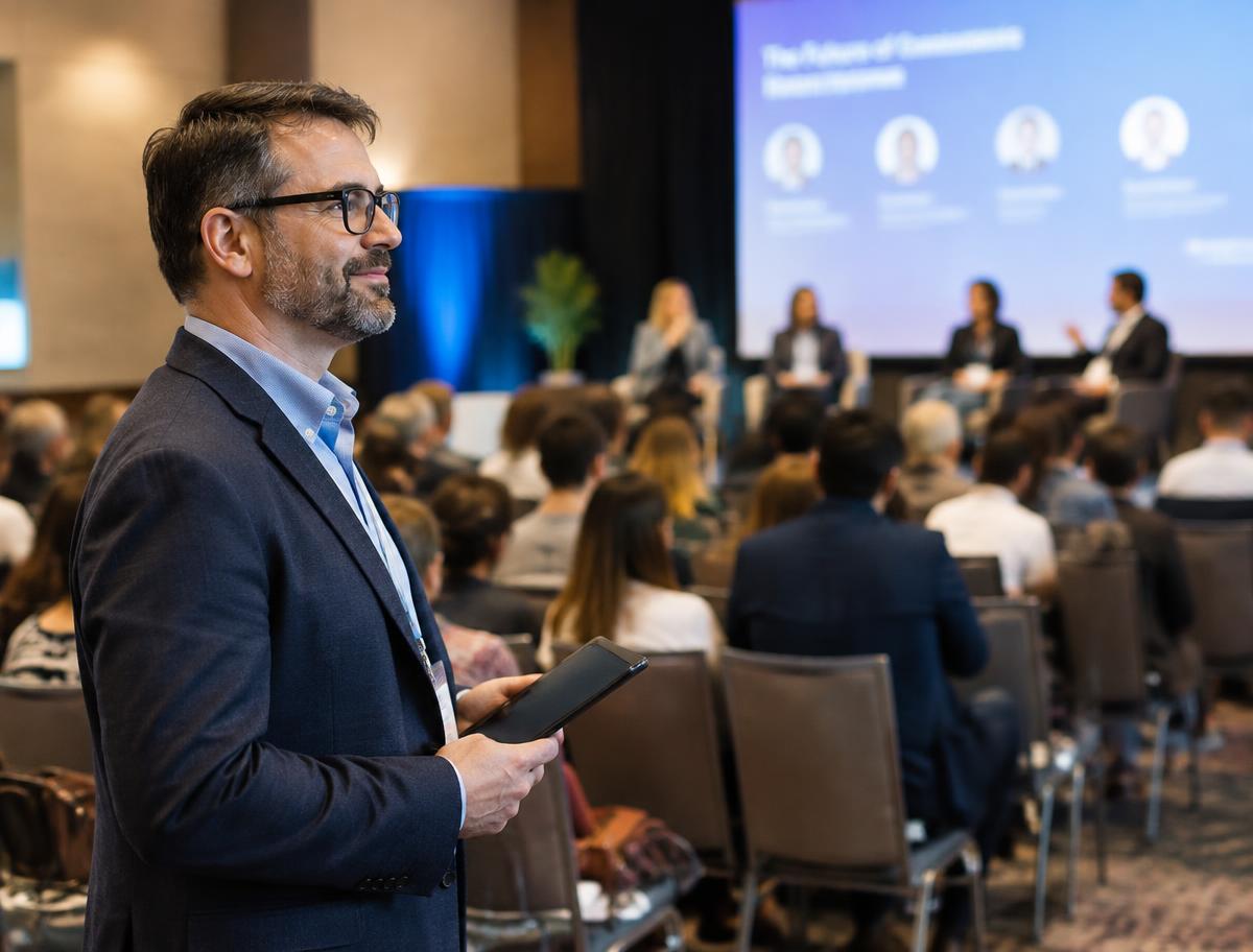 A male event planner holding a tablet beside a full conference room with a panel on stage