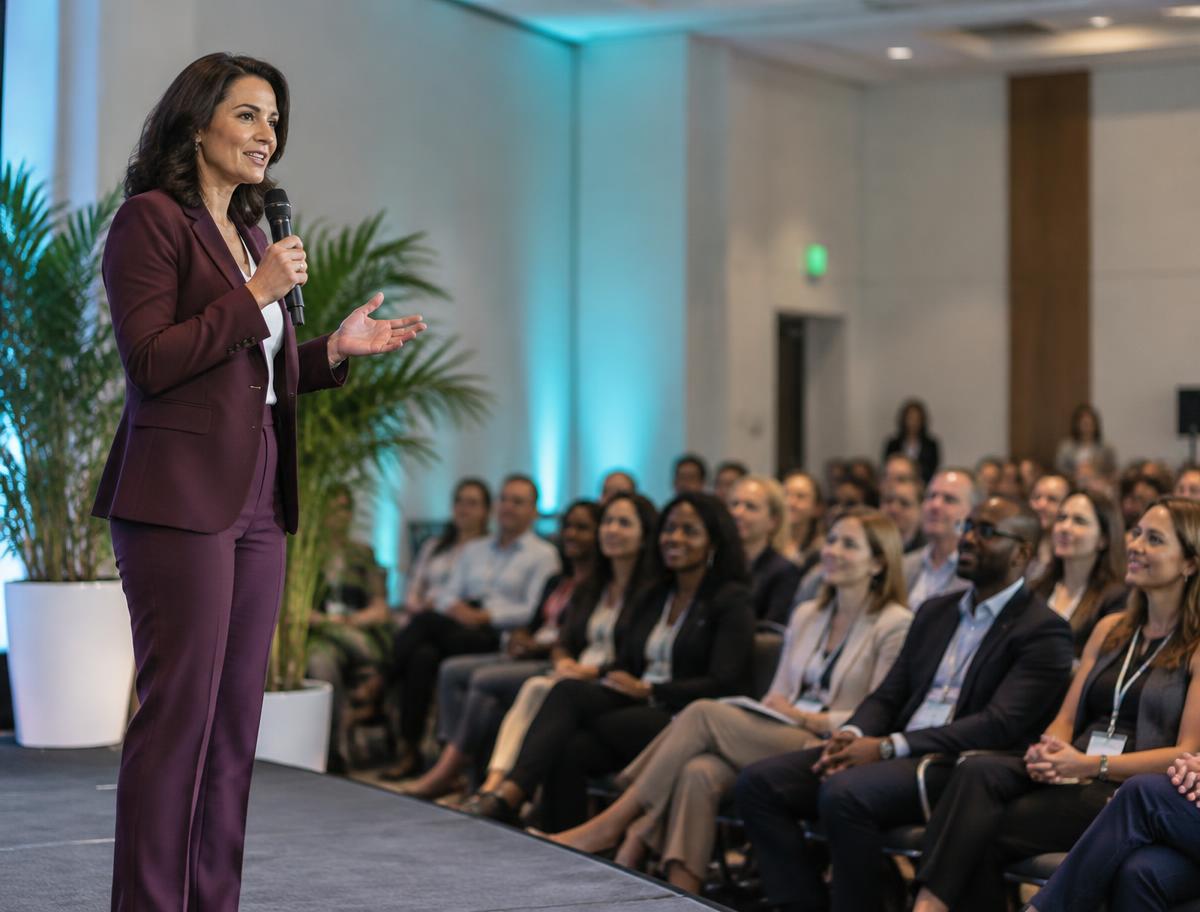 A keynote speaker in a plum suit presenting to an attentive business audience
